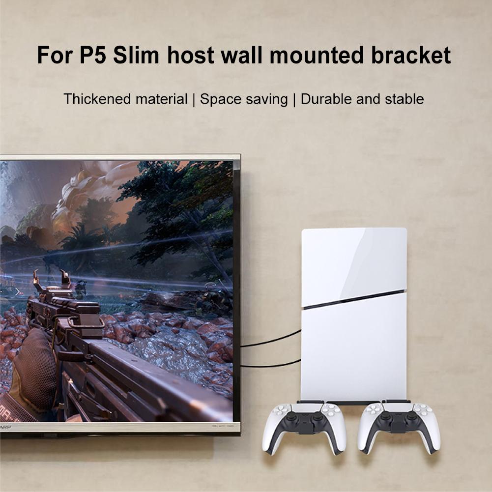 Wall Mount Bracket Display Stand Base with 2 Controller Mounts Wall Hanging Stand for PS5 Slim Digital Edition and Disc Edition