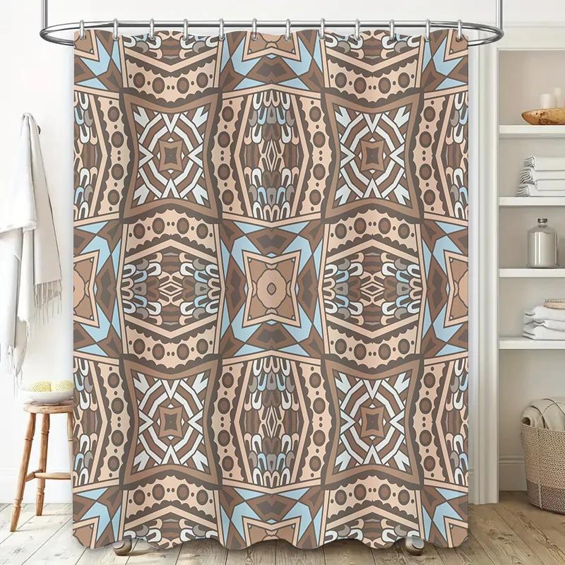Modern geometric bathroom shower curtain with blue accents for a stylish update in your home's decor.