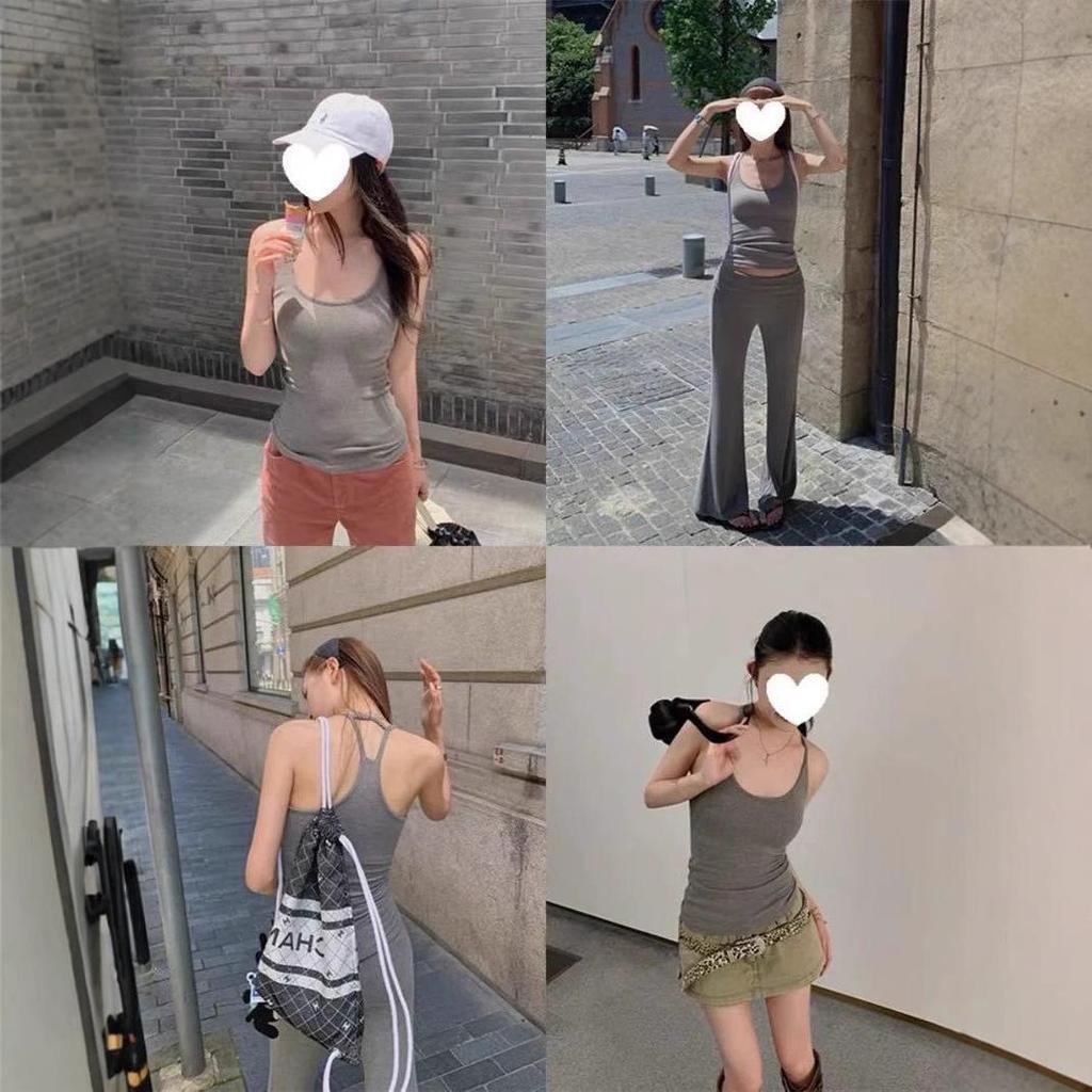 Women's Summer Hot Girl Pure Style I-Back Tank Top with Chest Pad, Solid Color, Versatile Sports Design