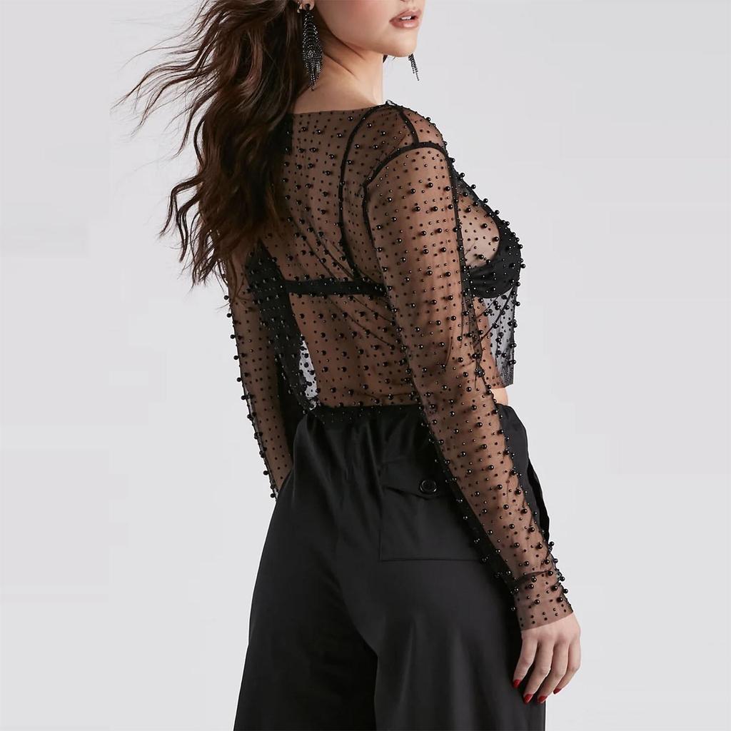 Spring/Summer Sexy Lace Mesh Top with Rhinestones and Beads for Women