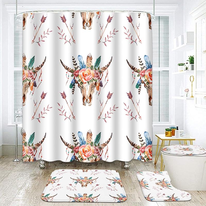 ArtSocket African Boho Retro Bathroom Set with Shower Curtain and Rugs Accessory, Traditional Rhombus Summer Colorful Abstract Shower Curtain for