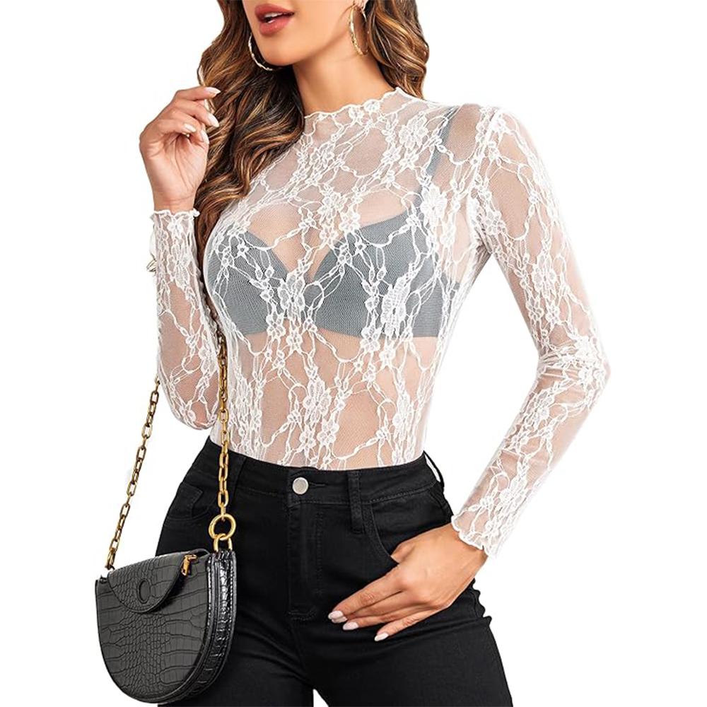 

Жіноча сітчаста прозора блуза з довгим рукавом і мним вирізом, прозорі мереживні топи з квітковим принтом L білий