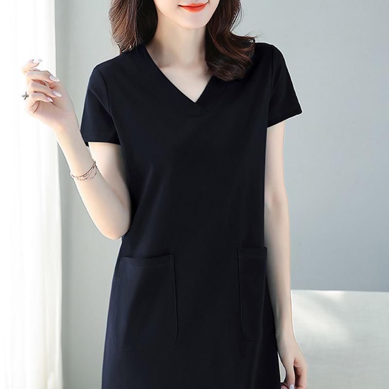 Peacock Blue Short-sleeved Dress for Women Spring Summer Mid-length Loose V-neck Skirt