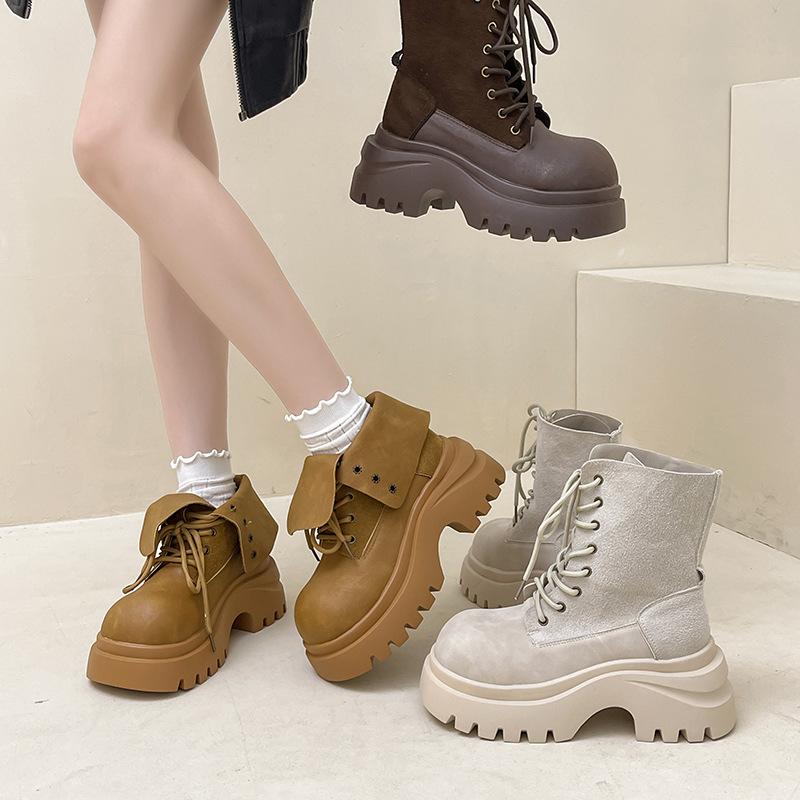 Fashion British style short boots fashion boots women's autumn and winter design sense inner height increase casual tooling boots retro Martin boots t