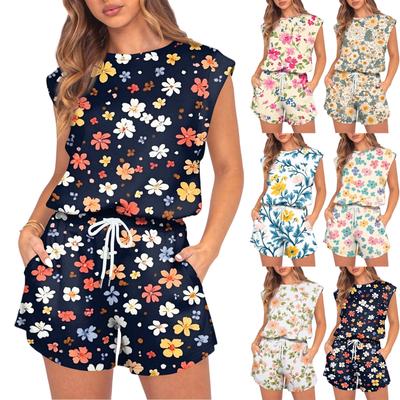 Women's Jumpsuit Floral Print Spring Summer Cap Sleeves Adjustable Drawstring Waist Comfortable Casual Short Jumpsuit With Pockets