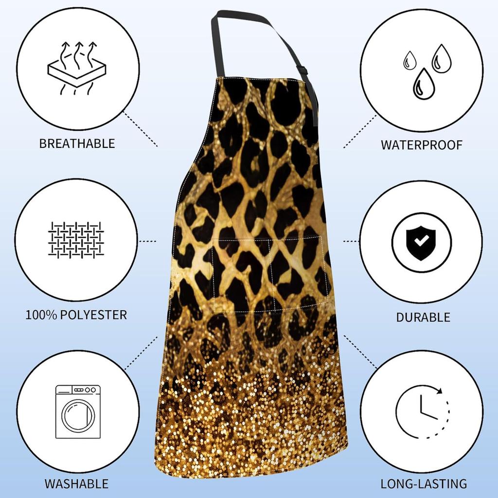 Leopard Print Apron for Women,28x33in,Cheetah Kitchen Aprons with 2 Pockets,Oxford Fabric,Bold Gold Glitter Adjustable Apron for Cooking Baking