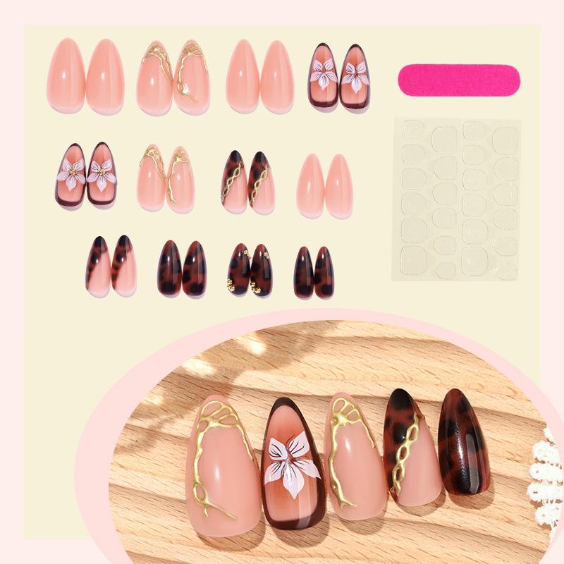 

Накладные ногти средней длины миндалевидной формы с цветочным дизайном, многоразовые накладные ногти, типсы, полное покрытие, акриловые клеевые ногти, наклейки для ногтей для женщин