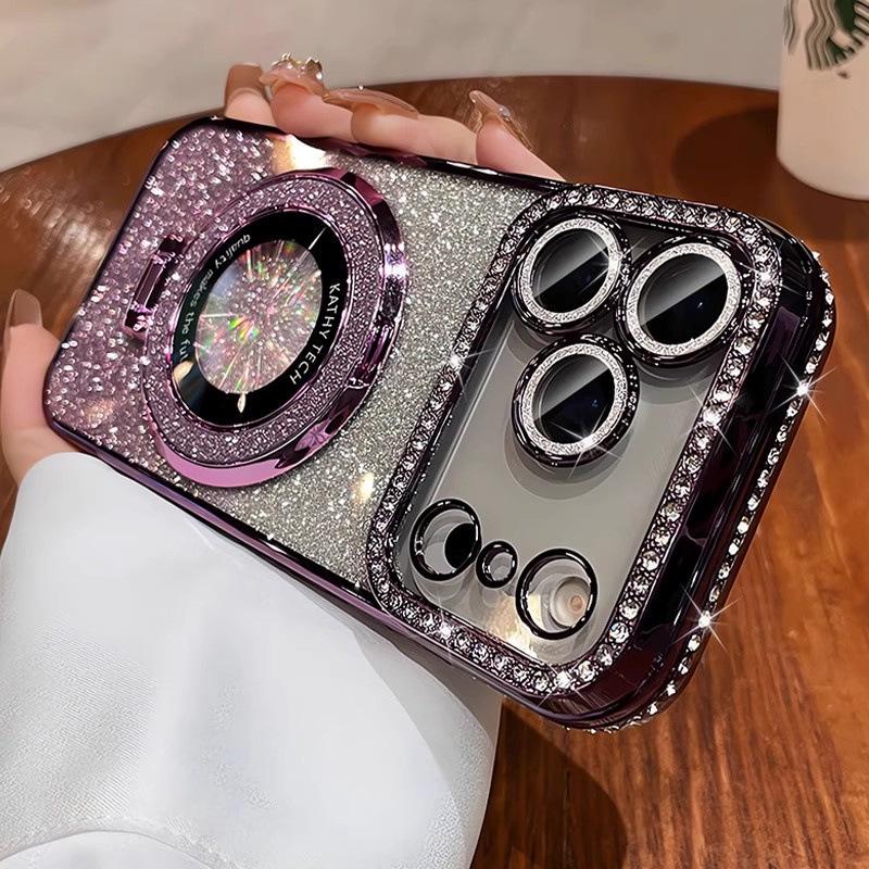 Rhinestone Glitter Magnetic Stand Case with Lens Film for iPhone 17 Pro Max, Drop-proof, Apple 16.