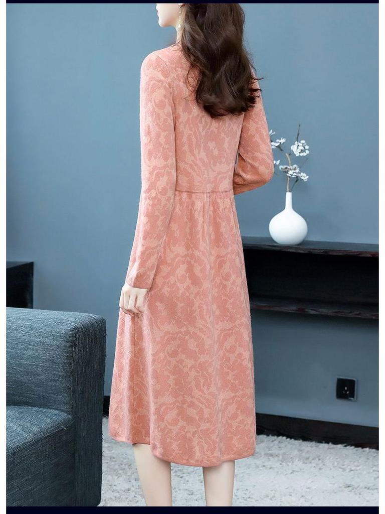 Autumn Winter 2025 High Neck Patterned Long Knit Sweater Dress