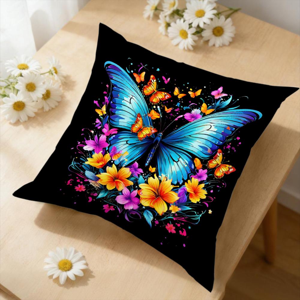 1Pc Black Butterfly Floral Print Cushion Cover Soft Fabric for Sofa Bedroom Home Decor
