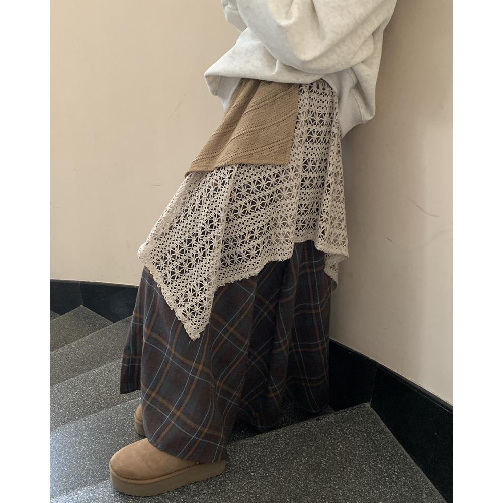 Spring Women New Skirts Plaid Loose Elastic Waist Pleated Elegant Long Skirts