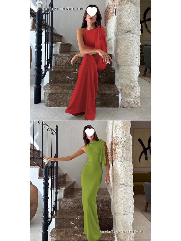 Women's Elegant One-Shoulder Summer Dress - Solid Color Draped Fashion
