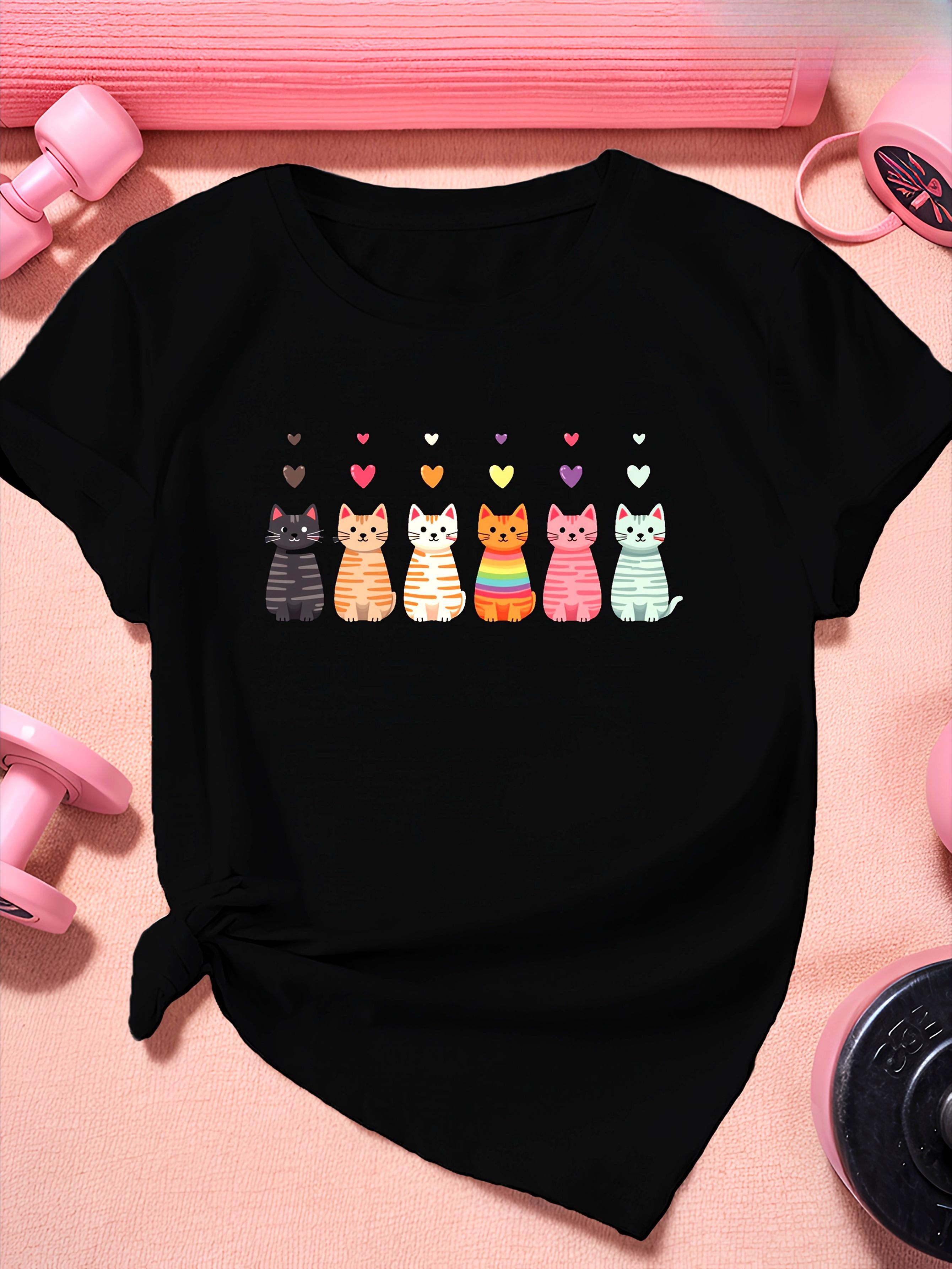 

Cartoon Style Cat Figures Printed Womens Cute Round Neck Short Sleeve TShirt Casual Soft Summer Women Tshirt Clothing S