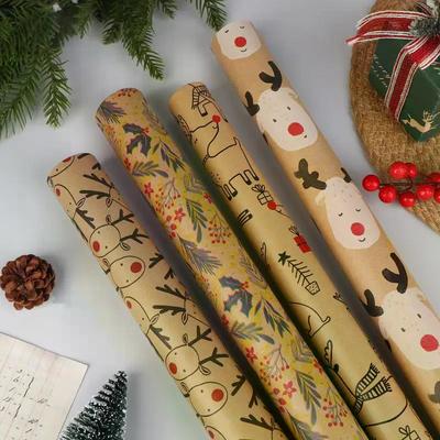 1roll Christmas Gift Wrapping Paper Kawaii Cute Reindeer Wrapping Paper Kraft Paper Xmas Party Favors Decoration Handmade Gifts