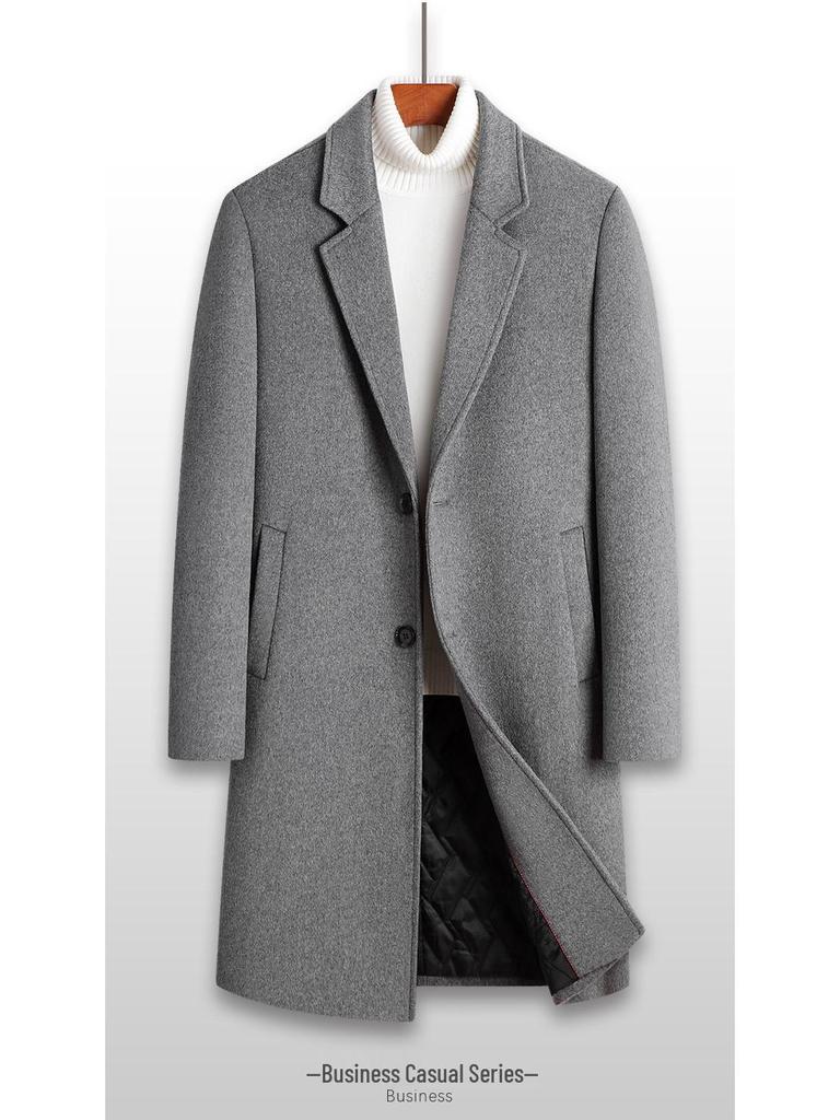 Men's Mid-Length Wool Overcoat with Cotton Padding and Suit Collar - Casual Plus Size