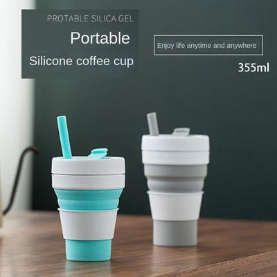 Kaffeebecher aus Silikon, faltbar, Druckwasserbecher, Taschenbecher, einziehbare Wasserflasche, Wasserbecher mit Strohhalm, 350 ml