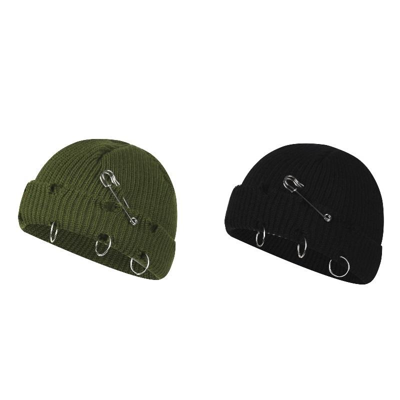Women Girls Y2k Gothic Beanie Winter Knit Hats Trendy Metal Rings Pin Hip Hop Streetwear Harajuku Skull Cap Emo Scene Grunge