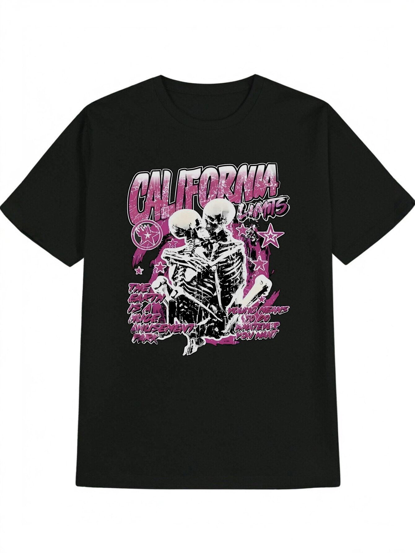 Casual Graphic T-shirt - California Skeleton Embrace & Stars Print L