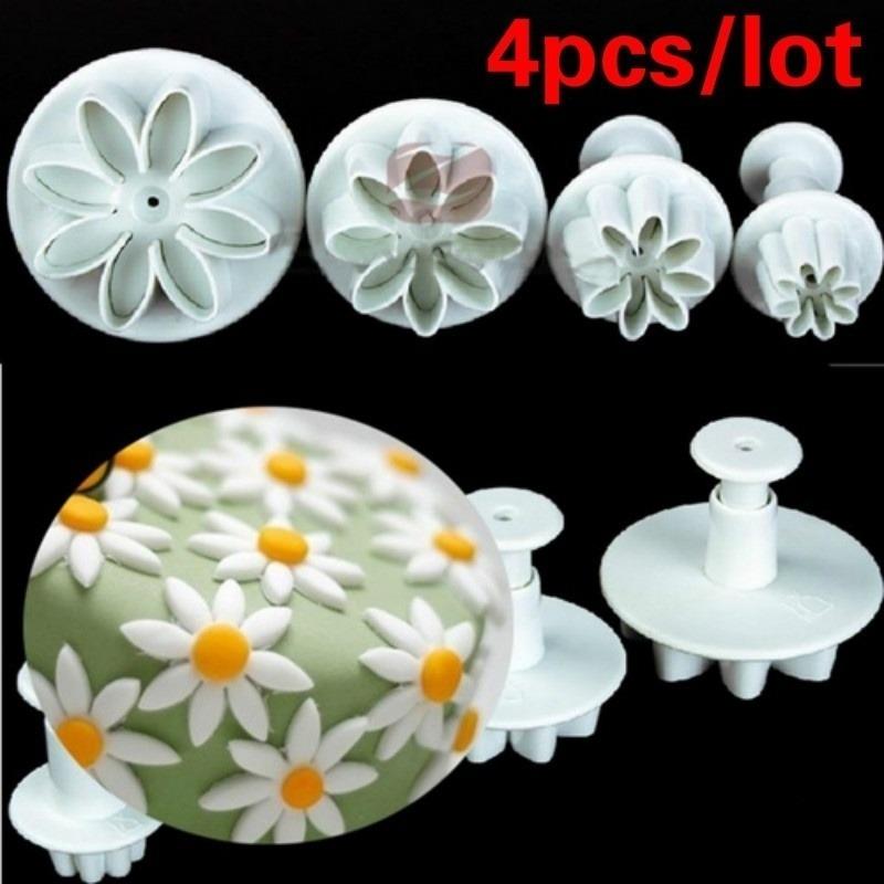 4Pcs Daisy Sugar Flipping Embossing Mold Daisy Flower Cookie Sunflower Plunger Cutter Fondant Cake Tool Cake Decorating Tools