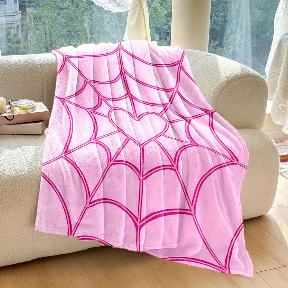 pink heart spider web design flannel throw blanket, reusable all season cozy cover, polyester, nonwoven, digital print, country