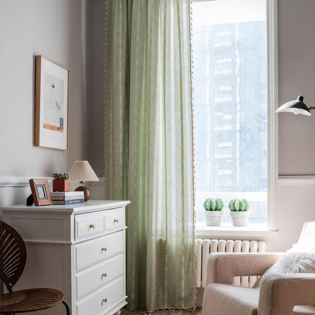 Imaqi Yun Green Striped Embroidered Semi-Blackout Curtains for Kitchen & Living Room