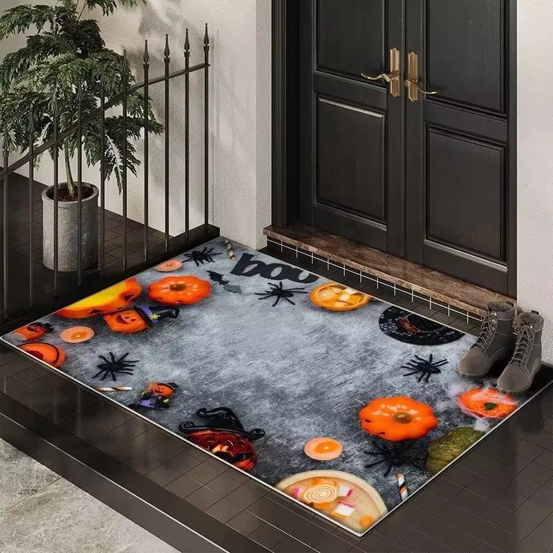 

Halloween Themed Door Mat With Spooky Patterns Like Pumpkins Bats Black Cats Witches Non Slip Durable Entrance Rug 40X60cm