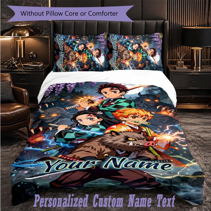 Personalized 3Pcs Bedding SetDemon Slayer Custom Text Duvet Cover Pillowcase Set Bedroom Gift