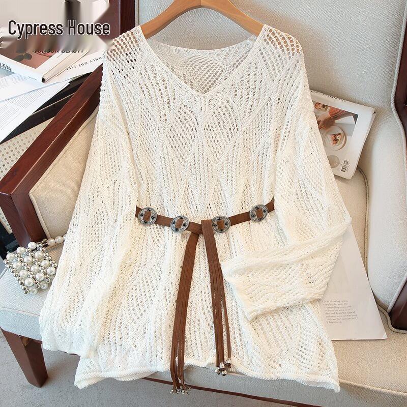 

Women s V-Neck Hollow-Out Knit Sweater One Size