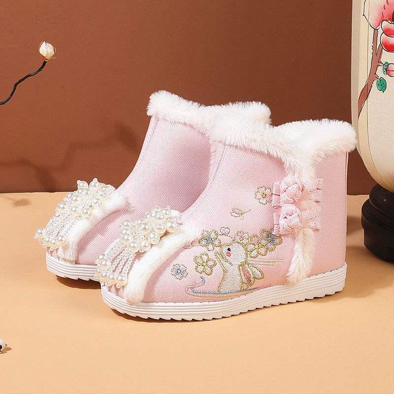 Cizme de Bumbac Căptușite cu Lână Hanfu pentru Copii - Stil Iarnă 2026, Pantofi Tradiționali Chinezești Brodați pentru Fete