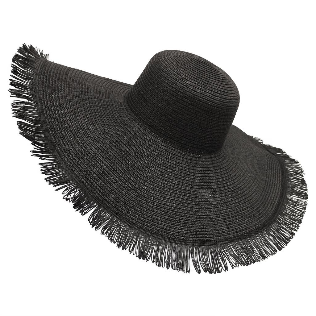 In Stock Fashion Wide Brim Beach Hat Cross Border Sun Hat Women's Woven Frayed Edge Straw Hat Bohemian Style Hat