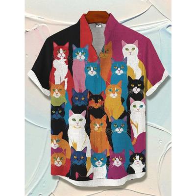Herren Katzen Grafik Shirts Kurzarm Button-Down Revershemd für Sommer Übergroße Oberteile Urlaub Lässig Hawaiianhemden