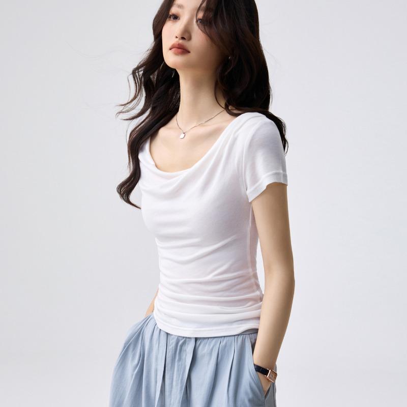 Women s Light Blue Draped Cowl Neck Side Ruched Slim Short Sleeve T Shirt S белый