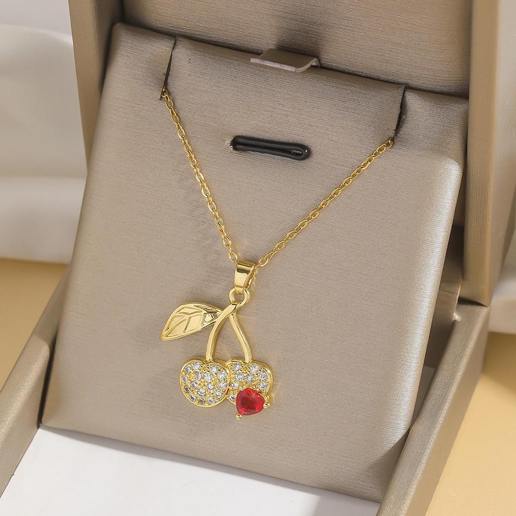 Red Cherry Pendant Necklace, Japan & Korea Trend, Summer 2025 Fashion, Women's Titanium Steel Clavicle Chain