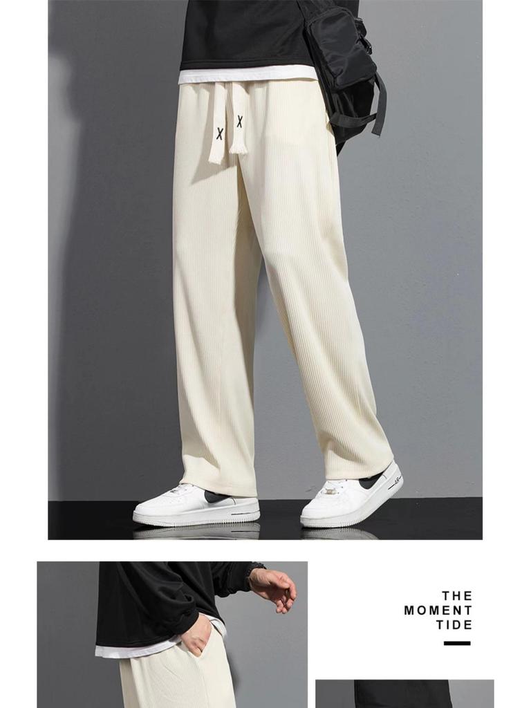Men's Trendy Summer Ice Silk Wide-Leg Pants - Casual, Solid Color, Plus Size, Straight-Leg Sports Style