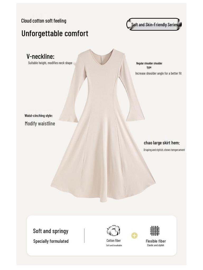 Women's Slim-Fit V-Neck Long Dress - New Autumn/Winter Cotton Base Layer