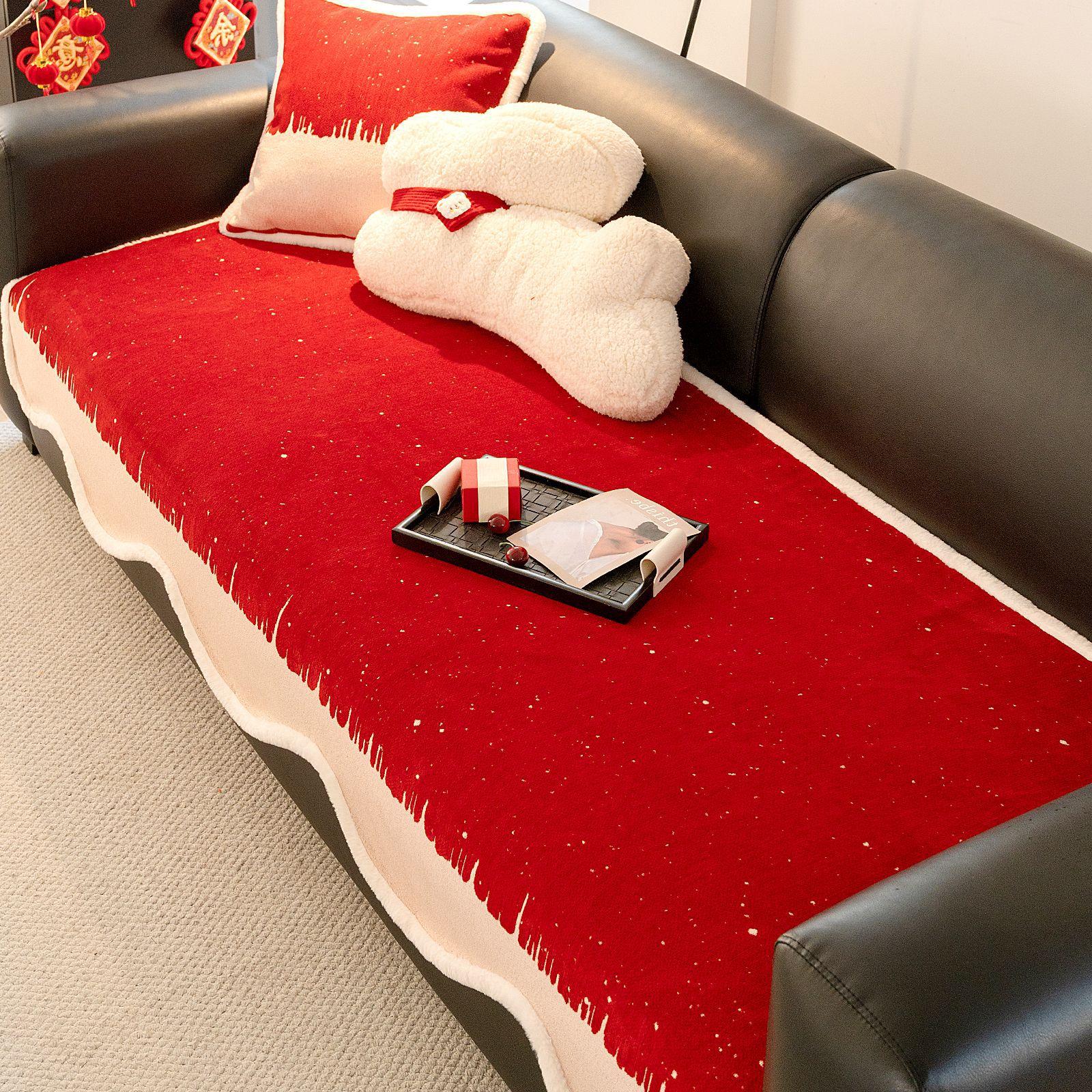 

Red New Year Sofa Cushion Autumn And Winter New Chenille Festive Atmosphere Non-Slip Special-Shaped Straight Row Seat Cushion 90*90cm