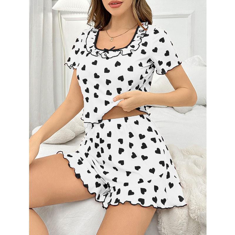 Women's Summer Heart Print Pajama Set: Square Neck, Short Sleeve, Shorts