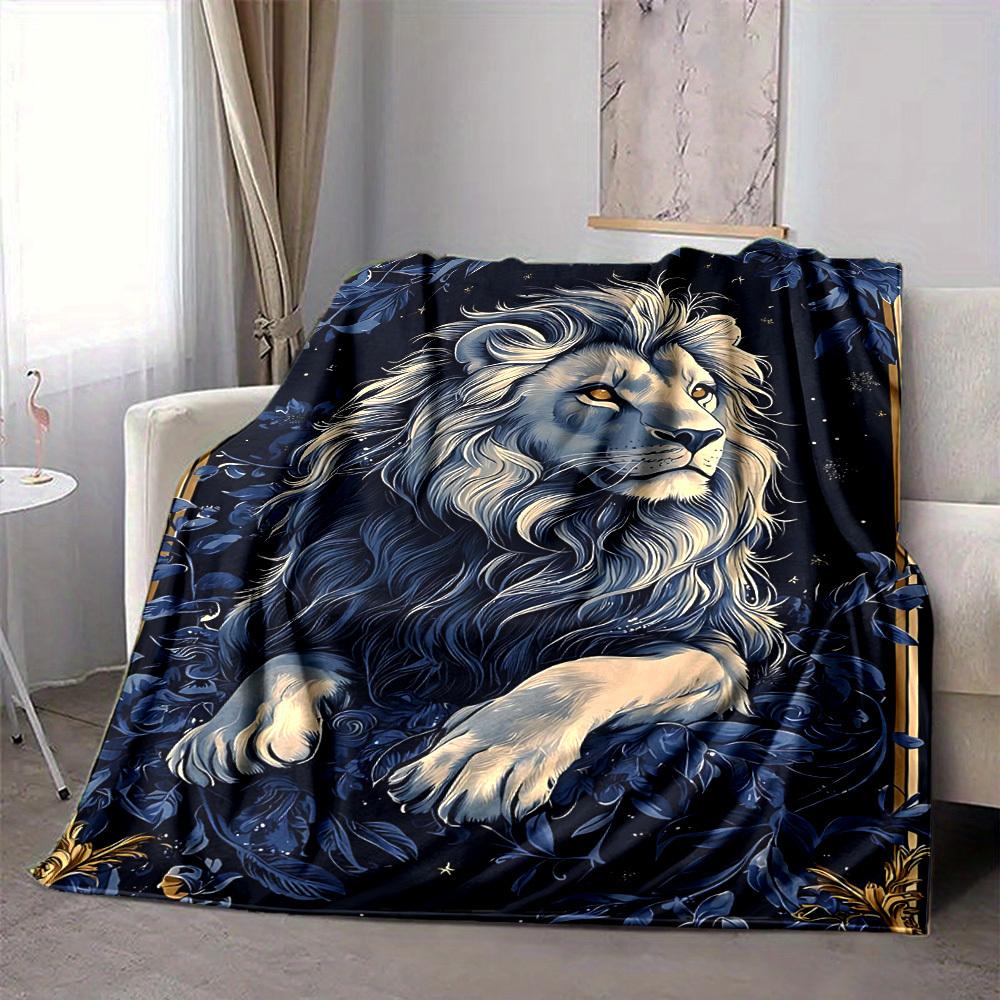 1pc Lion Floral Print Blanket - Lightweight Flannel Throw Blanket For Sofa, Bed, Living Room, Office, Outdoor Travel, Camping, Soft All-Season087