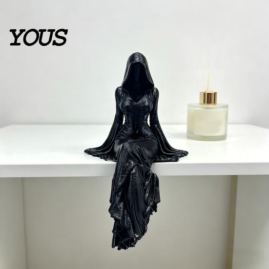 Non-fall Figurine Black Robe Girl Ornament, Gothic Dark Style Figurine, Durable PLA Material Ornament Halloween Sitter Sculpture, for E-sports