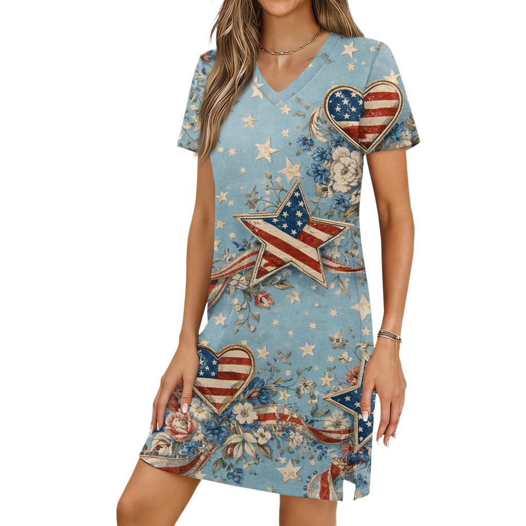 Women's Casual V-neck Short Sleeve Split Hem Independence Day Printed Dress