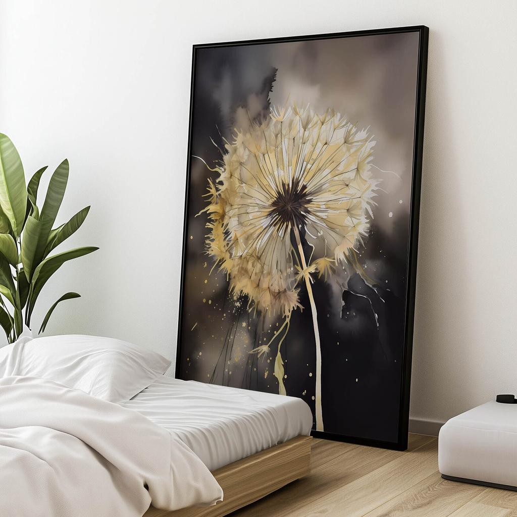 Goldene Pusteblume Goldene Pusteblume, 40X50 cm, Goldener Aluminiumrahmen, Mattes Papier 230 g/m²