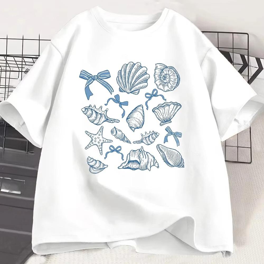 Summer Beach T Shirt Seashell Graphic Tee Tropical Vacation Top Sea Life Illustration Shirt Casual Short Sleeve Apparel