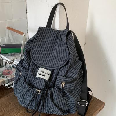Lightweight Nylon Plaid Backpack, New Large-capacity Lazy Style Versatile Drawstring Tote Bag