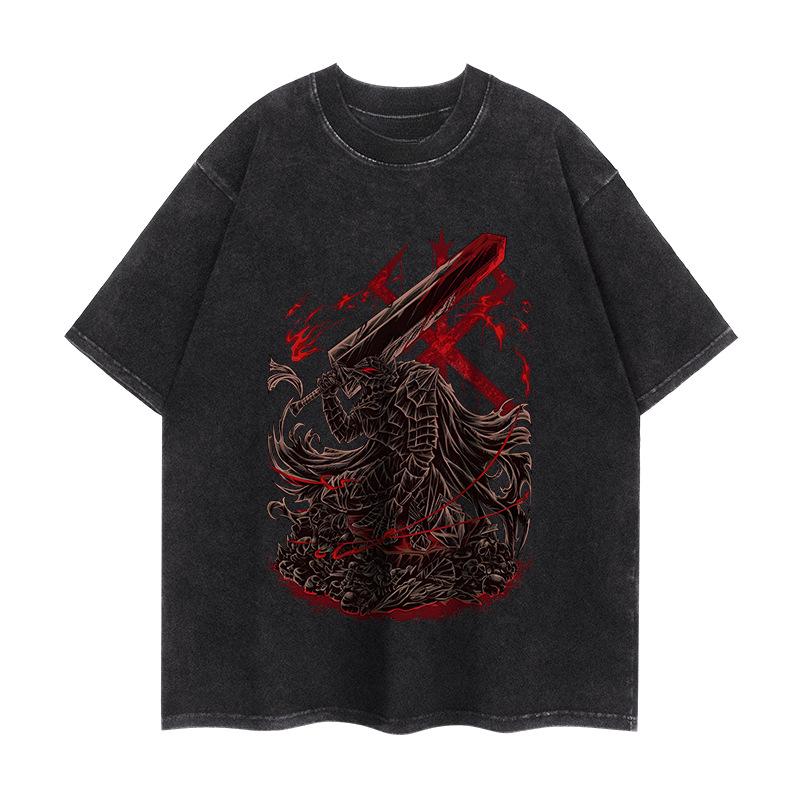 Anime Berserk T Shirt Vintage Washed T-shirts Oversized Streetwear Tops Black Tees Men Women Clothing Cotton Fashion Tshirt
