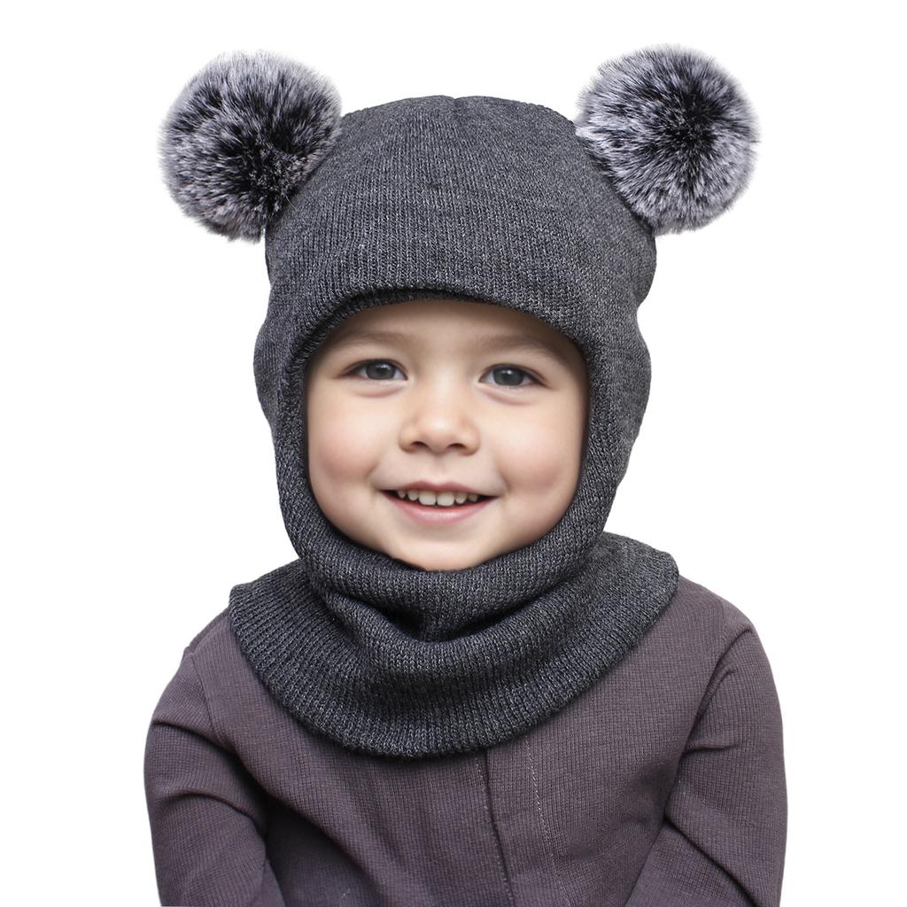 3-12Y autumn and winter double-ball pullover cap, children's double-ball ear-protecting one-piece cap, solid-color cute woolen o