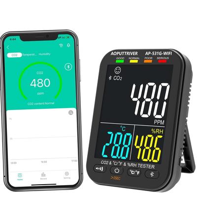 Carbon Dioxide Concentration CO2 Sensor with PPM CO2 Measuring Temperature and Humidity Measurement USB Alarm Function Meter, Wi-Fi Function, 0-10000