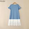ZANZEA Women Casual Round Neck Short Sleeve Loose Lace Splice Dress