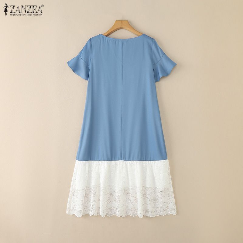 ZANZEA Women Casual Round Neck Short Sleeve Loose Lace Splice Dress