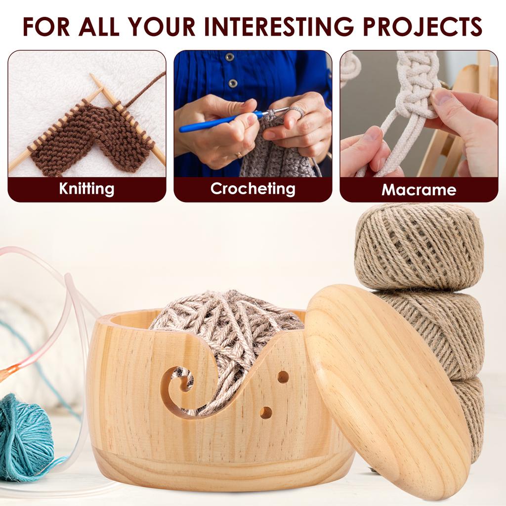 Wooden Yarn Bowl Holder Crochet Yarn Bowl with Lid Efficient Knitting Yarn Bowl Storage and Thread Cutter Yarn Bowl Set for DIY