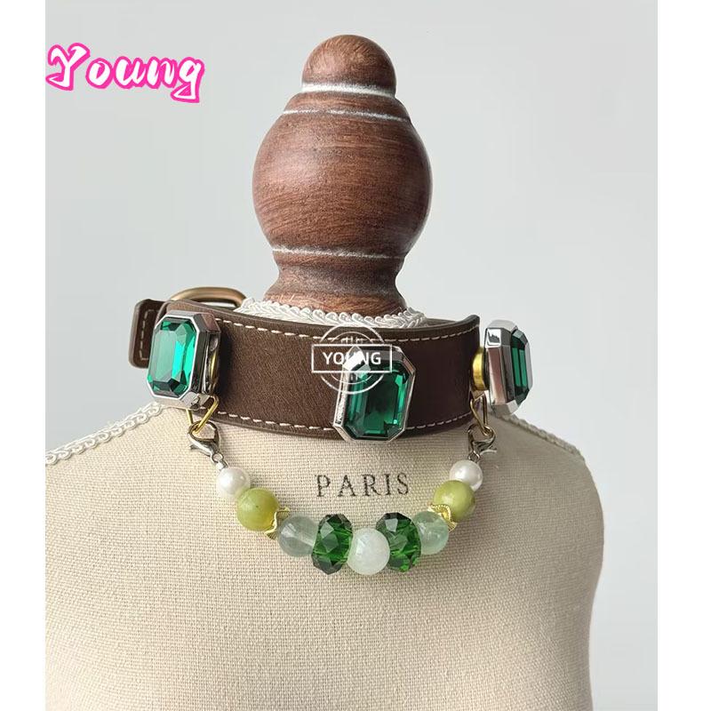 Leather Dog Collar with Detachable Natural Gemstone Charm – Green Fluorite Xiu Jade & Pearl Beaded Pet Necklace Padded Collar